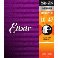 Elixir 11002 Nanoweb 80/20 Bronze Extra Light Acoustic Guitar Strings 10-47