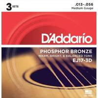 D'Addario EJ17 3 Pack Phosphor Bronze Guitar Strings Medium 13-56
