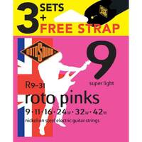 Rotosound Roto Pinks Value Pack - 3 Sets of Electric Guitar Strings and Free Strap